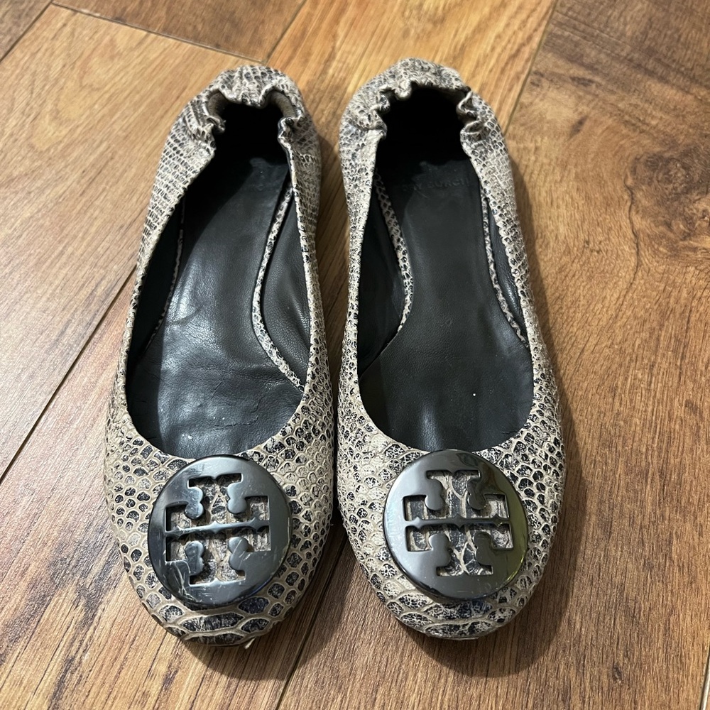 Tory Burch Snakeskin Pattern Flats with Black Accents